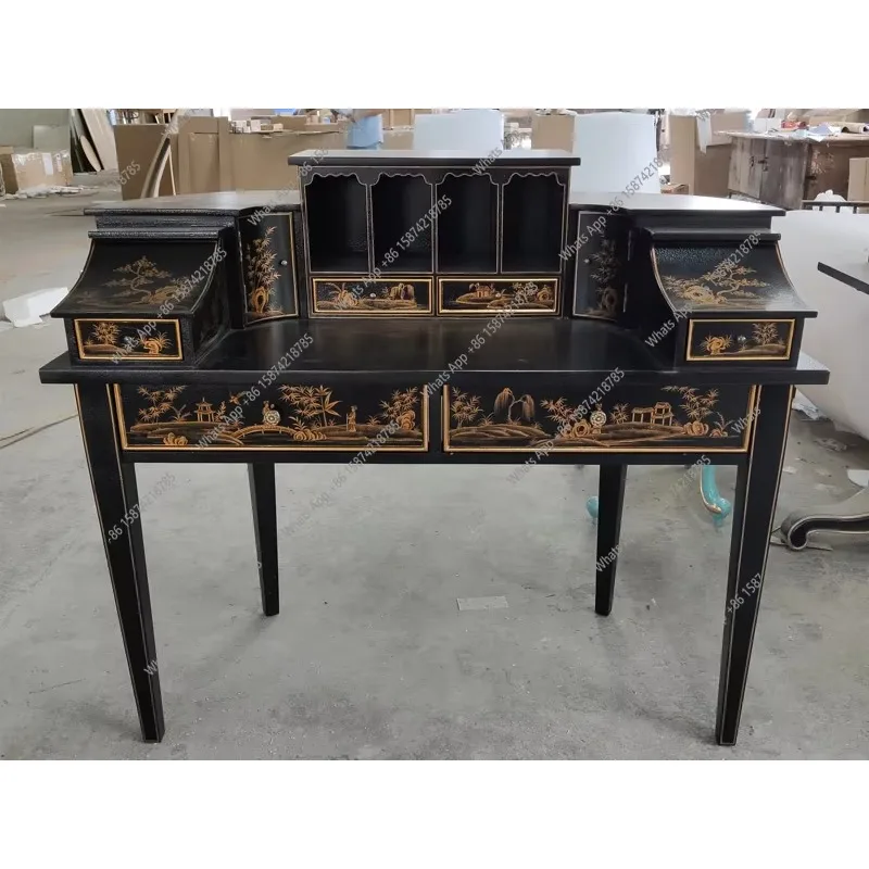 

Xx French Hand-painted Landscape Solid Wood European 1.22m Black Piano-shaped Desk Writing Table Dresser Multi-drawer