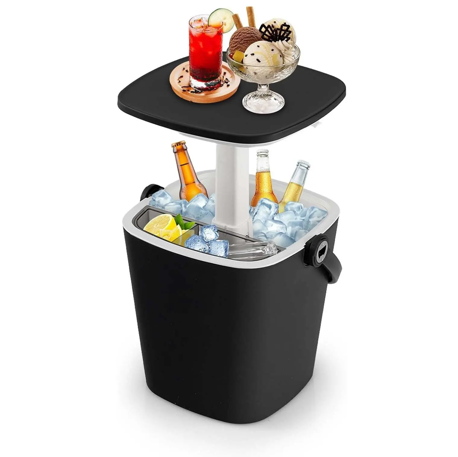 Mesa Auxiliar Portátil 3 en 1 con Barra Refrigerante, Tapa Elevable, Nevera de 15 L con Abrebotellas y Estante Extraíble