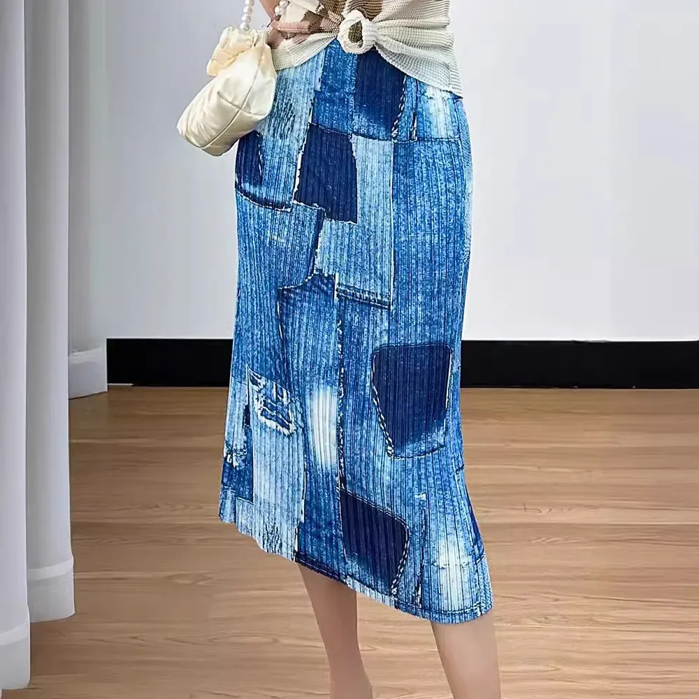 Miyake Fashion Printed Flower Pleated Tassels Skirt for Women High Elastic Waist Skirts Female Clothing 2024 Spring New Skirt