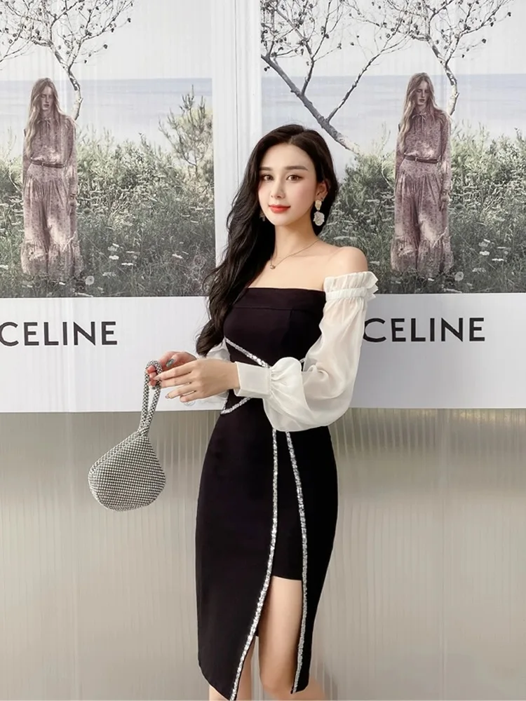 Korean Fashion Split Social Dress Women Summer Patchwork Vestidos Bright Line Decor Dresses Lady Elegant Off Shoulder Dresses