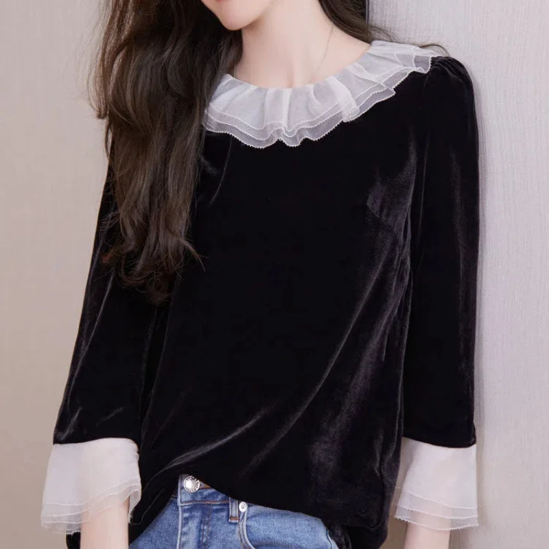 Spring Autumn New Round Neck Long Sleeve Fashion Blouse Women High Street Casual Loose Pullovers Elegant Ruffles All-match Tops