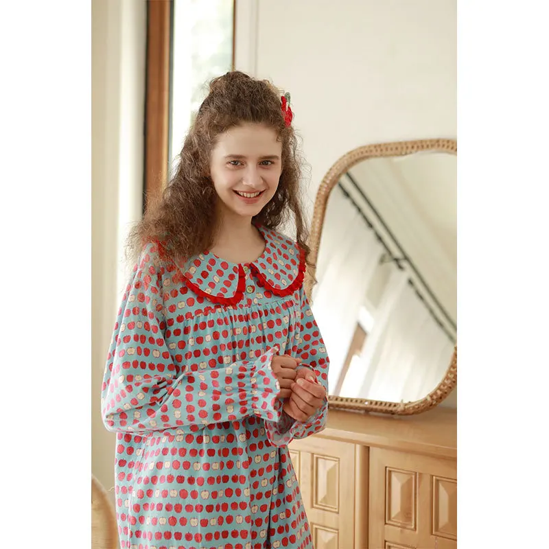 فستان نوم نسائي 100% من القطن المصقول بأكمام طويلة وياقة الدمية الحلوة قمصان نوم مطبوعة تصميم فضفاض ملابس نوم متوسطة الطول