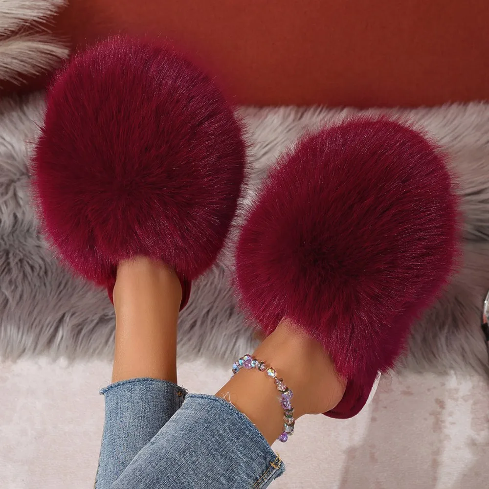 Winterfellige Damen-Hausschuhe, bequeme Flip-Flops, flache Pantoffeln, Indoor-Schlafzimmer-Plüschschuhe für Damen – Detail 5