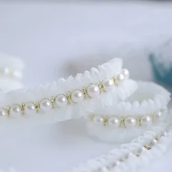 Tela plisada de malla blanca de 2CM de ancho, adorno de borde de encaje con flecos y cuentas brillantes, cinta de cuello para ropa, vestido de novia, decoración de apliques DIY