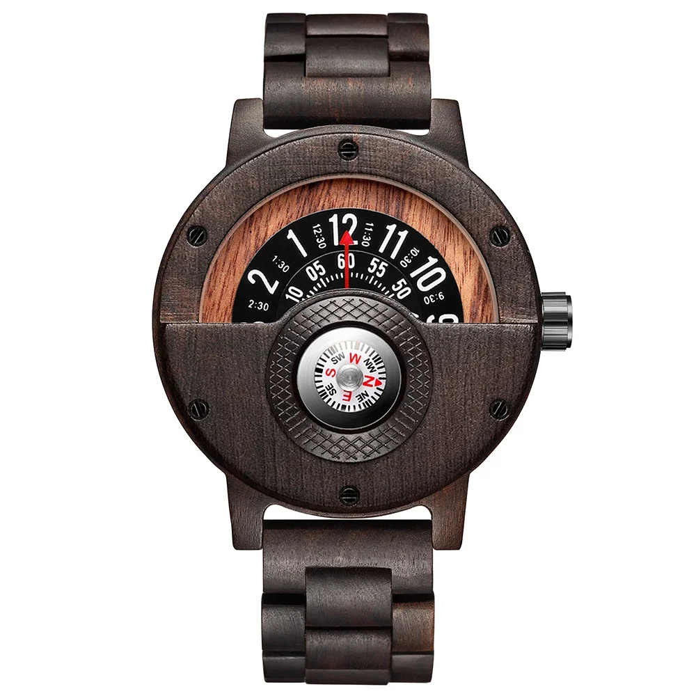 

Multifunction Wooden Wristwatch for Men Quartz Wrist Watches Creative Compass Man Clock Black Walnut Red Wood Band Case Reloj