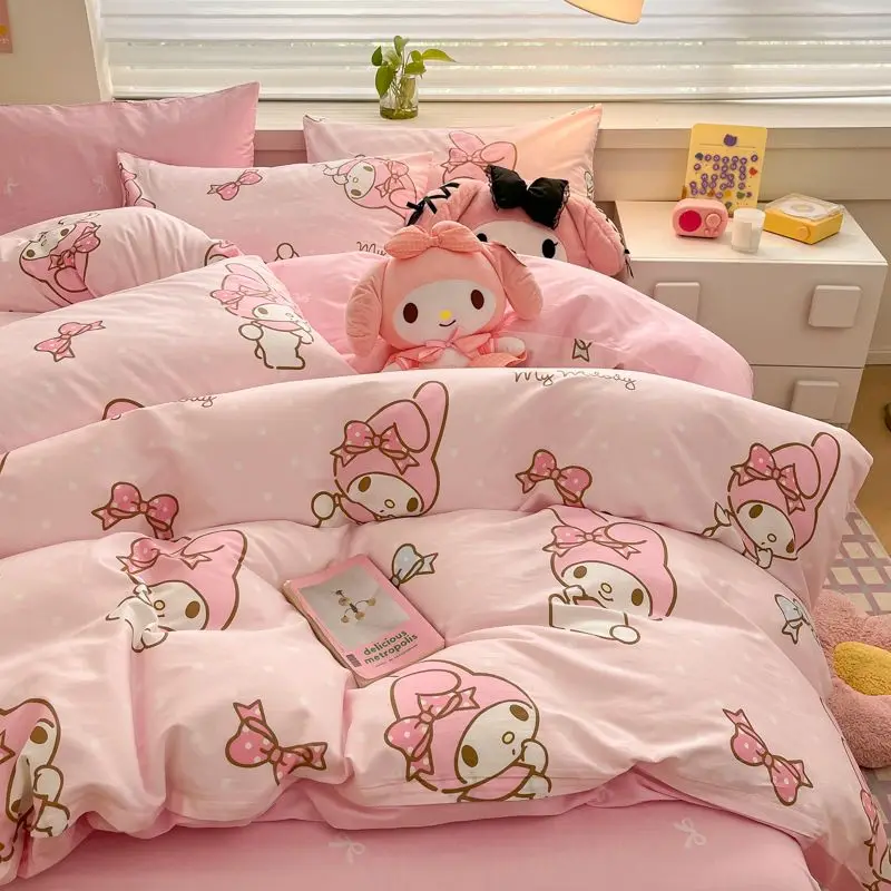 

Sanrio Kuromi Cotton 4-Piece Set Kawaii Anime Cinnamoroll My Melody Pochacco Cartoon Bed Sheet Set Dormitory Gift for Kids