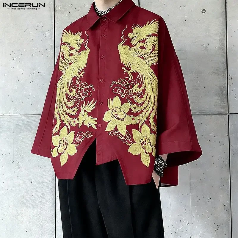 

INCERUN Men's Irregular Shirt Printing Lapel Long Sleeve Loose Men Clothes Streetwear 2026 Fashion Casual Tops Shirts For Man