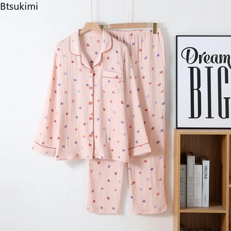 2025Women's Casual Soft Pajamas Set Heart Printed Cotton Turn-down Collar Long Sleeve Tops and Pant Sets for Sleepwear Household