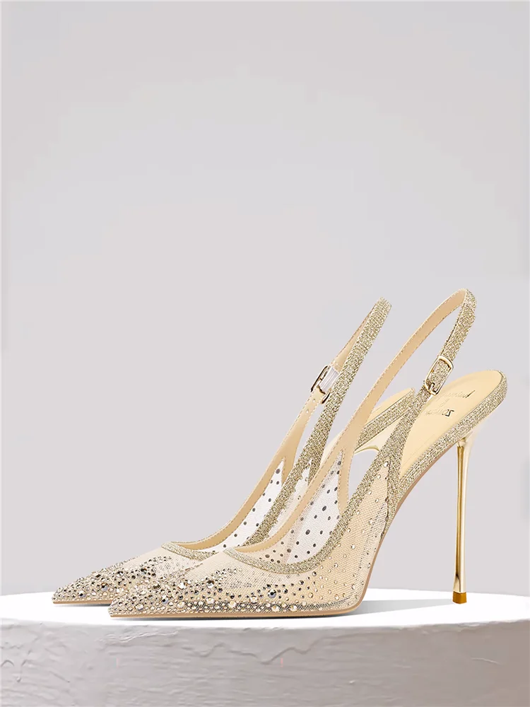 Summer new pointed shallow mouth mesh diamond wedding shoes banquet dress large size small size slim high-heeled women's sandals
