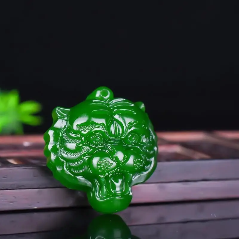 Spinach Green Tiger Head Pendant White Jade Zodiac Tiger Jade Pendant for Men and Women