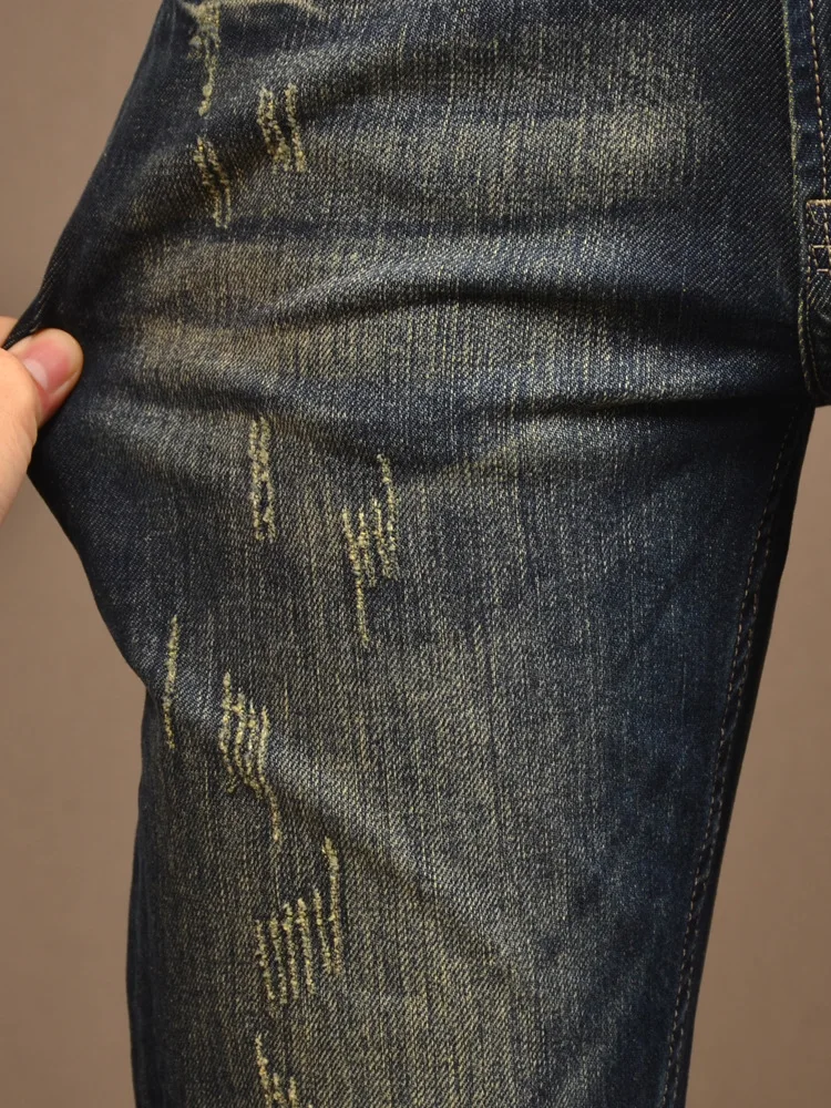 2024 Street Motorcycle Retro Nostalgic Jeans Men's Four Seasons Fashion Elastic Slim Fit Skinny Heavy Washed Casual Trousers