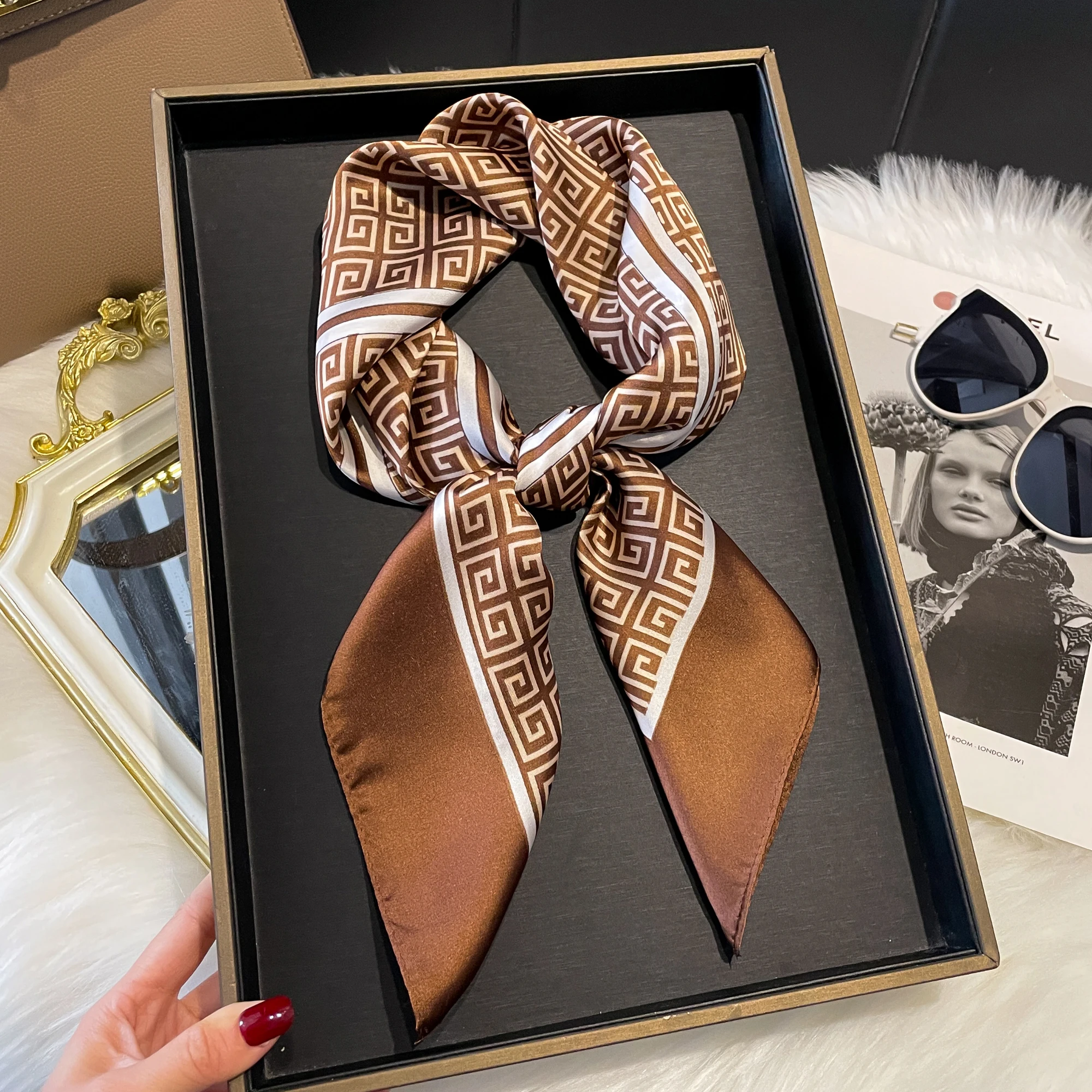 Luxury Fashion Print 70*70cm Silk Square Scarf Women Soft Satin Hairband Neckerchief Tie Female Headband Foulard Bag Ribbon