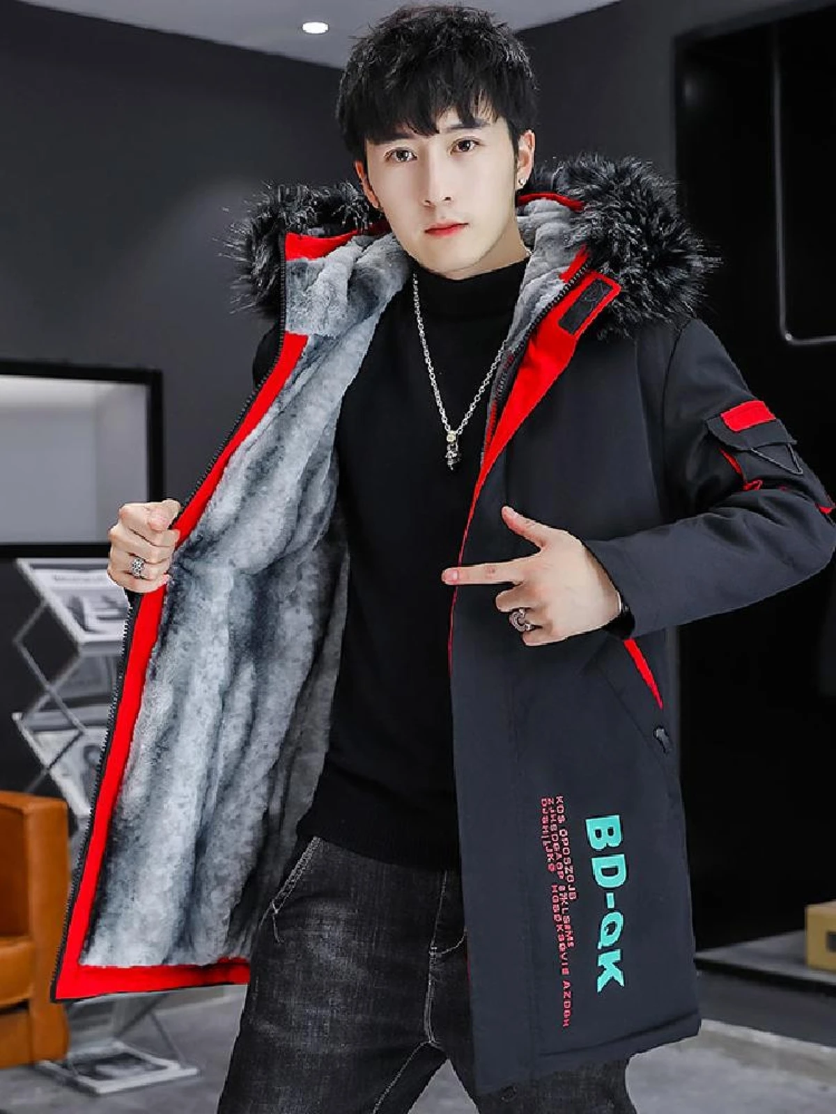Men's Winter Cotton Jaet Mid-Length Fce Lined Thiened Casual Hooded Coat Trendy Oversize Outerwear Polyester Fiber