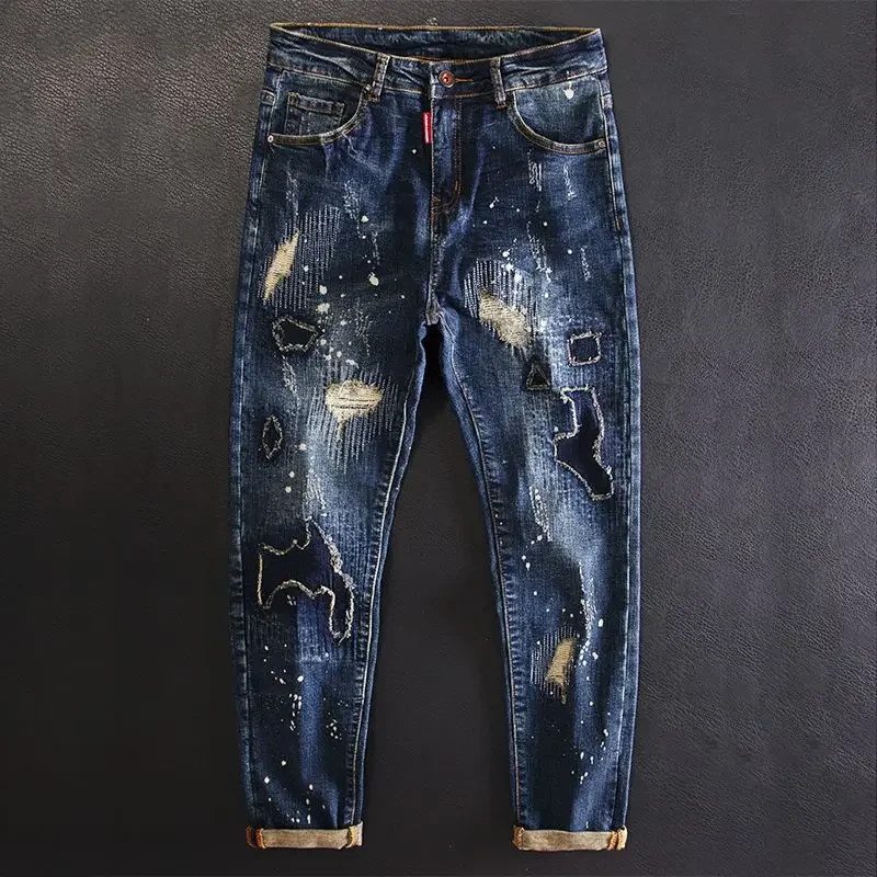 

Jeans for Men Cropped Ripped Tapered Male Cowboy Pants Holes Trousers Broken Torn 90s Streetwear Clothes Y2k Casual S73