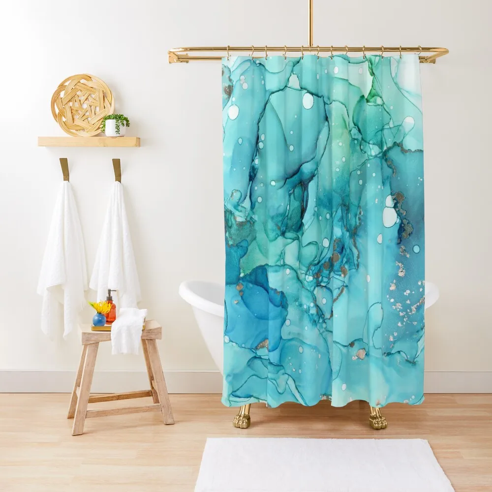 

Mermaid Tears - Teal Chrome Abstract Ink Painting Shower Curtain Shower For Bathroom Curtain