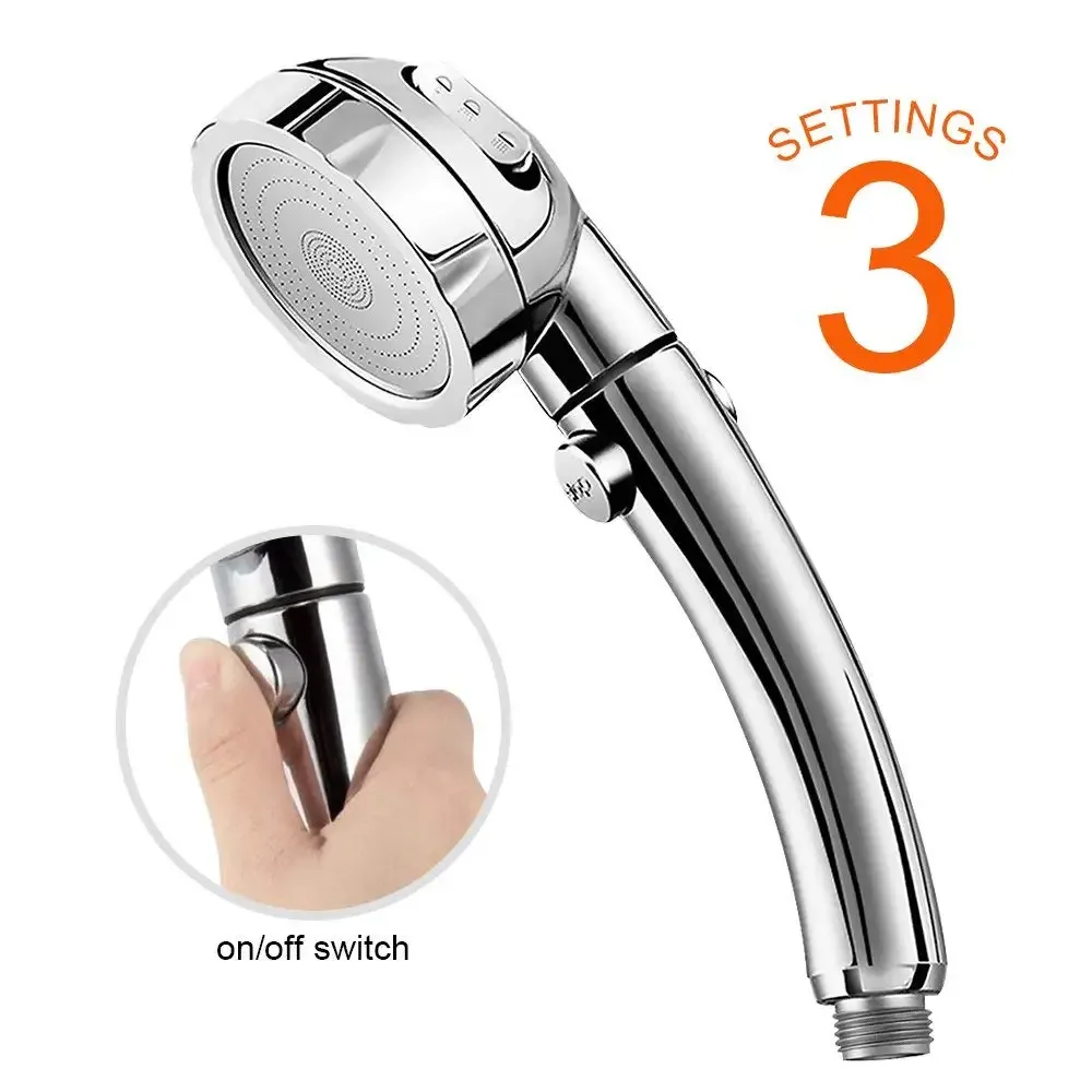 Handheld Shower Head High Pressure Chrome 3 Spary Setting with ON/OFF Pause Switch Water Saving Adjustable Detachable Showerhead