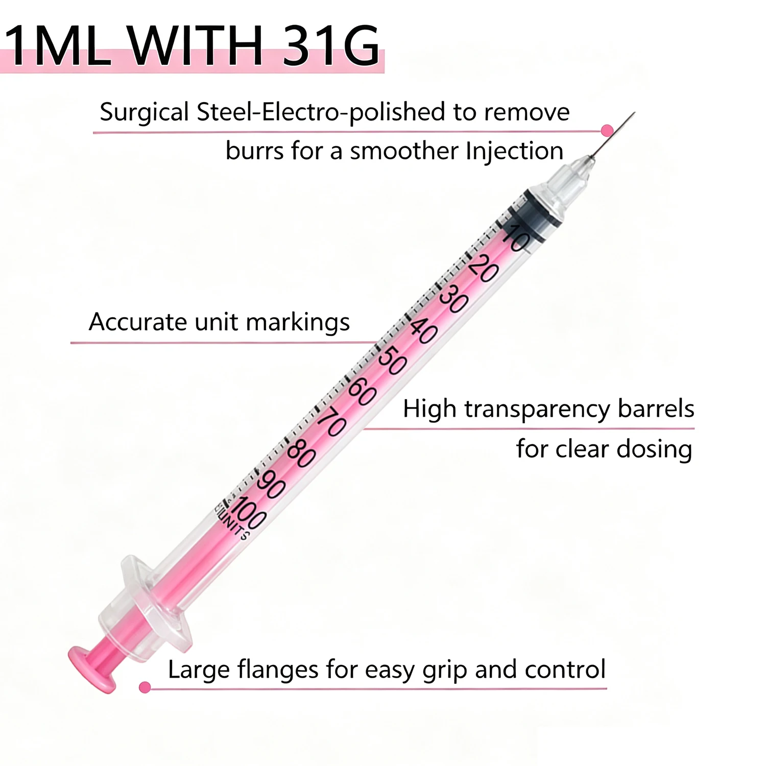 1ml U-100 31g Sterile Insulinspritze, rosa Kolben mit Kappe, präzise Graduierung, individuell. Verpackt, Labor & Schönheit, 20 Stück 8mm – Detail 5
