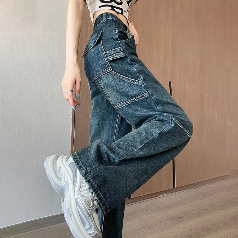 Retro work pants,  loose denim wide leg pants, spring and autumn new  chubby leg covering high waisted straight leg pants