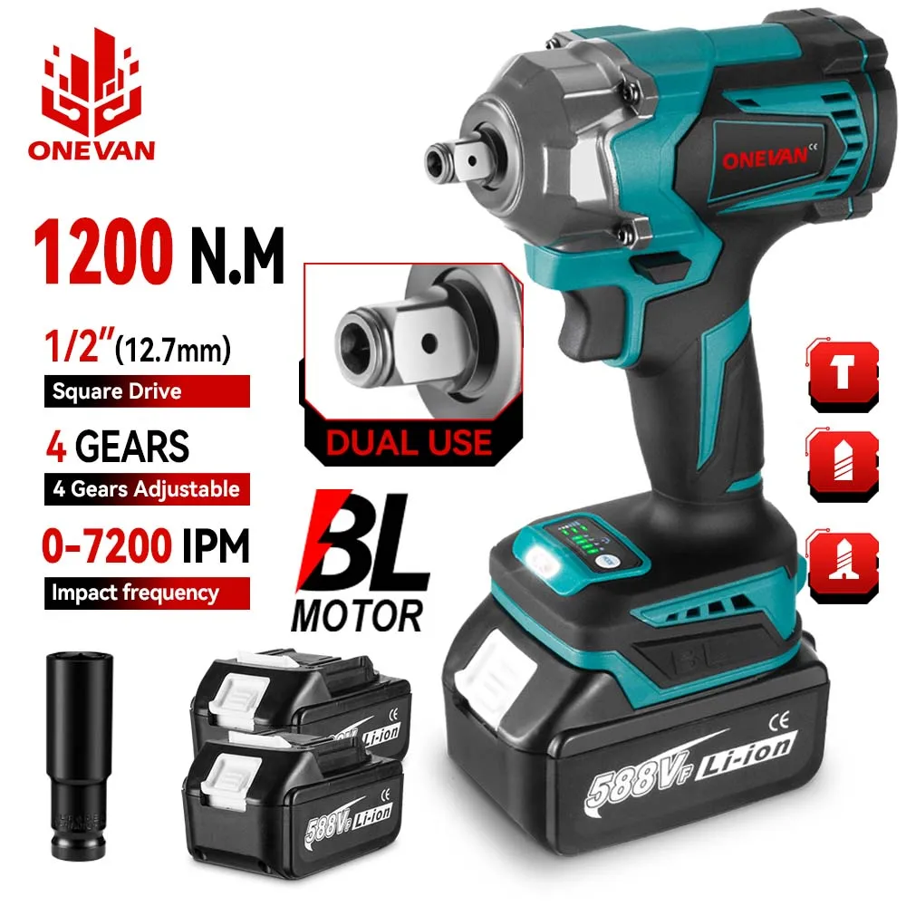 ONEVAN 4 Gears 1200N.M Brushless Electric Impact Wrench 1/2 inch Cordless Screwdriver Electric Drill Tool for Makita 18V Battery