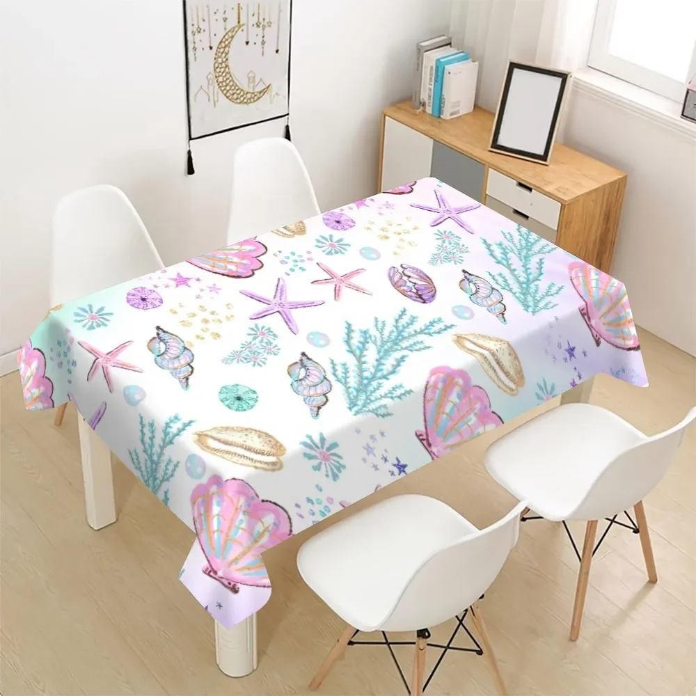 1 piece, marine life printed tablecloth, made of polyester, pure white background, with pink sea stars printed on it.yzb