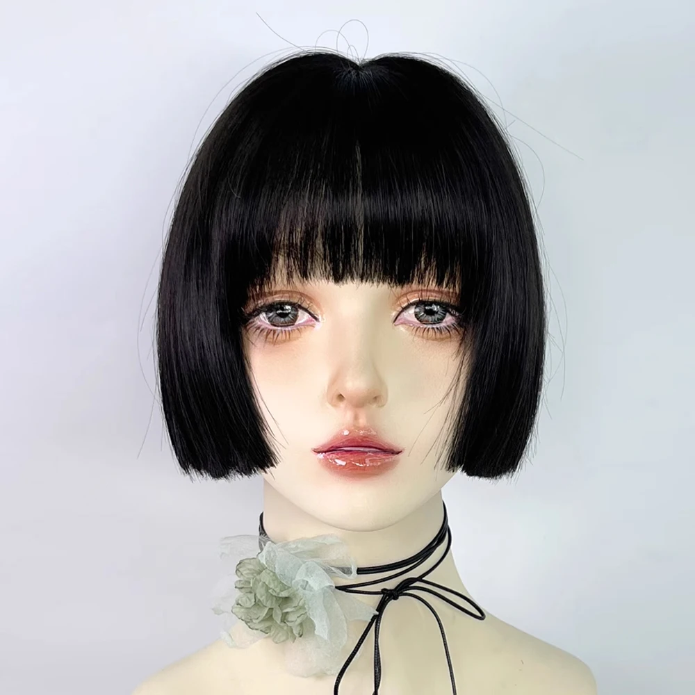 VICWIG Synthetic Short Straight Black Wigs with Bangs Lolita Cosplay Women Natural Hair Wig for Daily Party