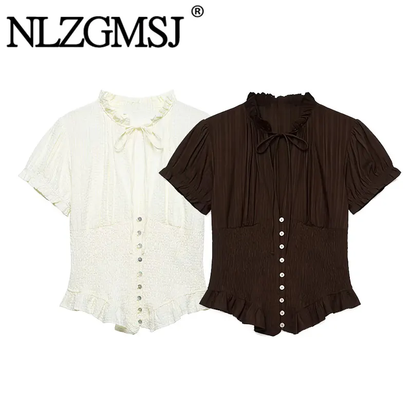Nlzgsmj 2026 Spring Summer Fashion Sexy Chest Cutout Tops Women Casual Shirts New Elegant Waist Elasticity Lady Top