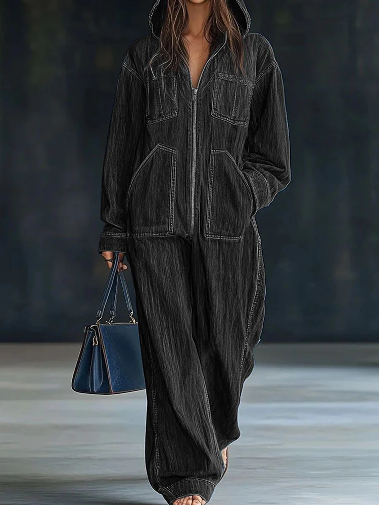 

Весенне-осенние лоскутные шикарные комбинезоны на молнии, женские повседневные модные комбинезоны с длинными рукавами, широкие брюки 2025 года, женские боди