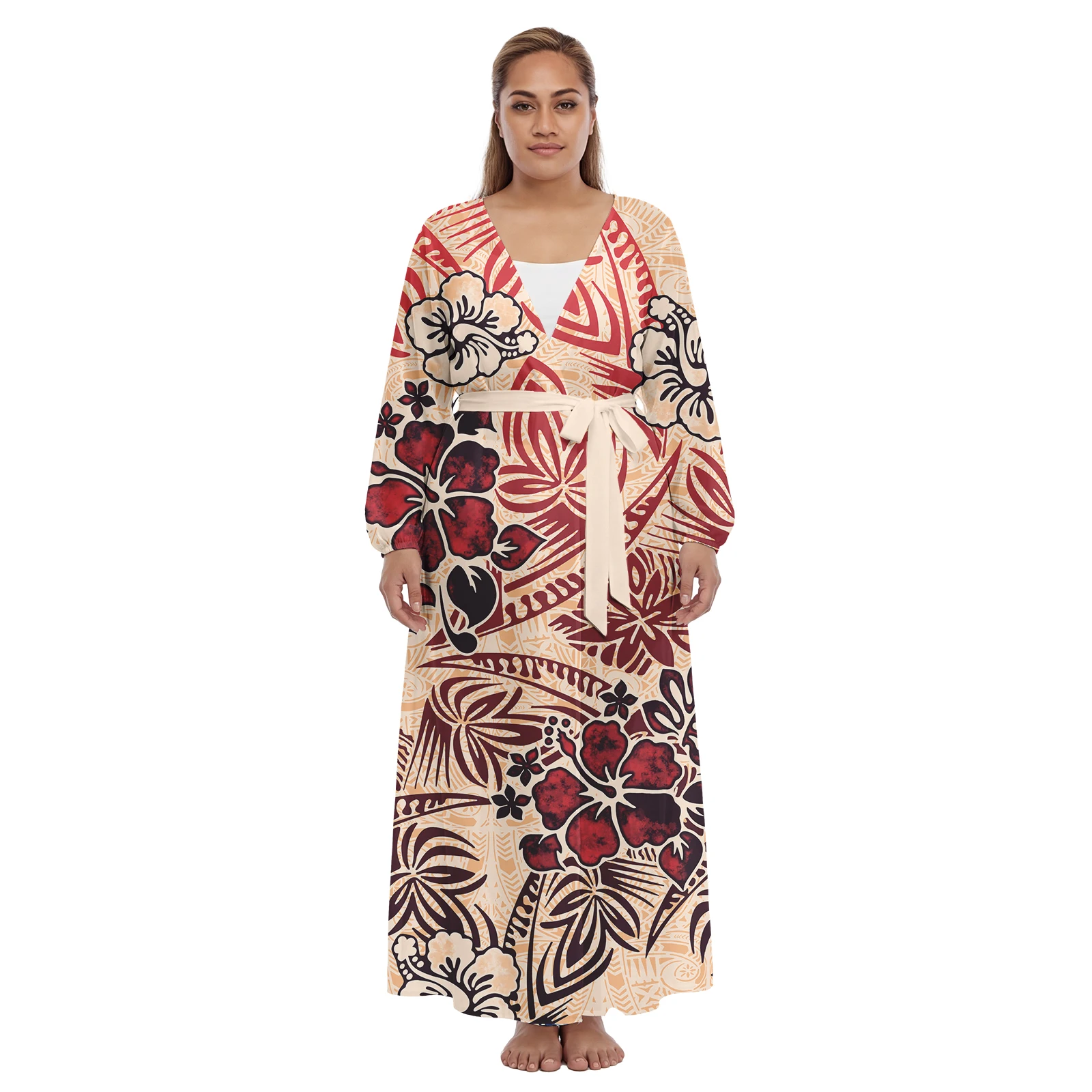 Tropical Pattern Custom Floral Print Polynesian Cover up Beach Wear Hawaiian Long Sleeve Sashes Dresses Samoan Jacket Cardigan