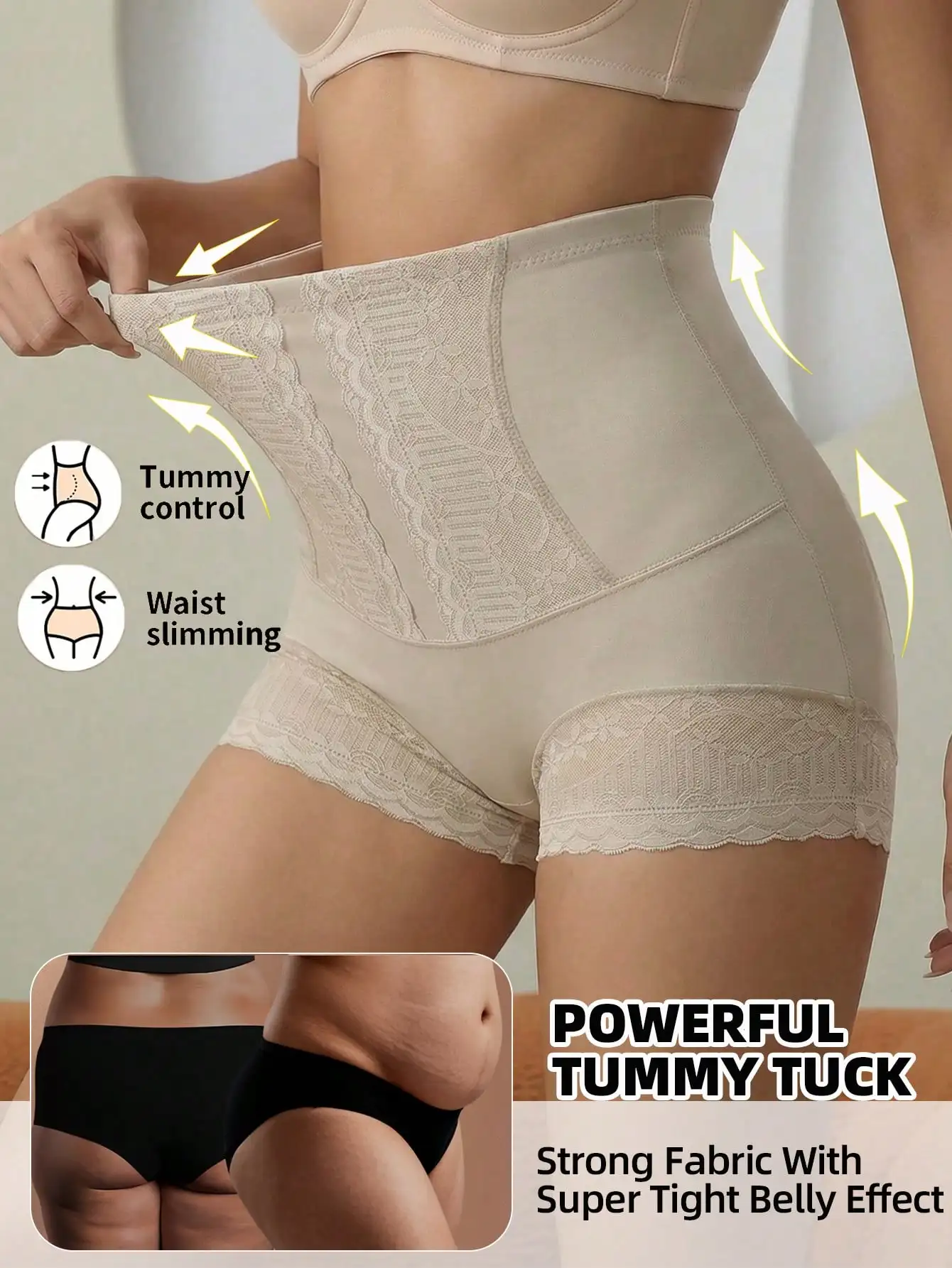 High Waisted Tummy Control Shapewear Panties Women Lace Trim Support Butt Lifting Body Shaping Waist Trainer Body