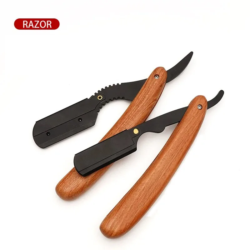 Herramientas de afeitar de madera para hombres, maquinilla de afeitar para el pelo, cuchillo de afeitar plegable, soporte para maquinilla de afeitar recta de acero inoxidable