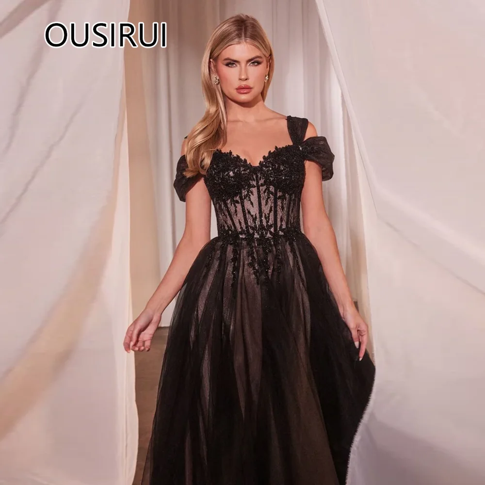 OUSIRUI Black Off-Shoulder Tulle Formal Prom Party Dress A-line Lace up Sweep Train Holiday Prom Gown with Lace robe de mariée