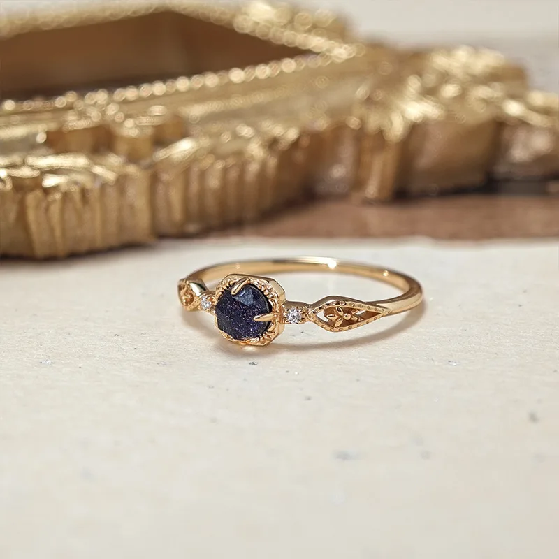 LAMOON Retro Natural Blue Sand stone Gemstone Ring For Women Elegant Exquisite 925 Sterling Silver Gold Vermeil Fine Jewelry