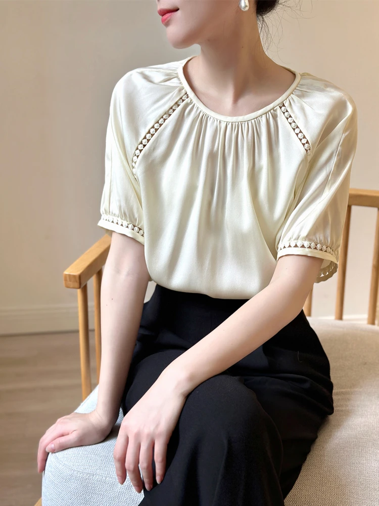 

Ele Lace Splicing, свободный шелковый женский летний роскошный шелковый топ с чувством, корейский шелковый топ с пуговицами