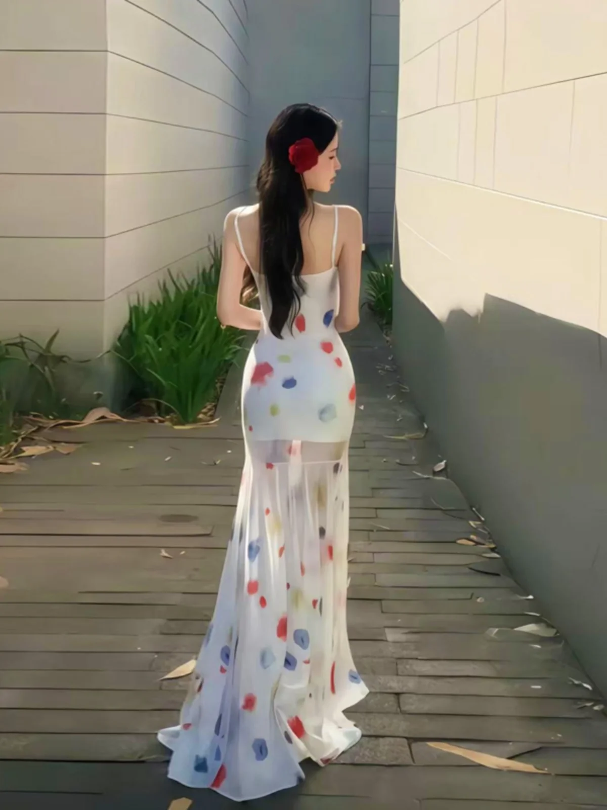 Vestido Longo Off-Shoulder com Corte na Cintura e Cauda Longa, Estilo Casual de Verão