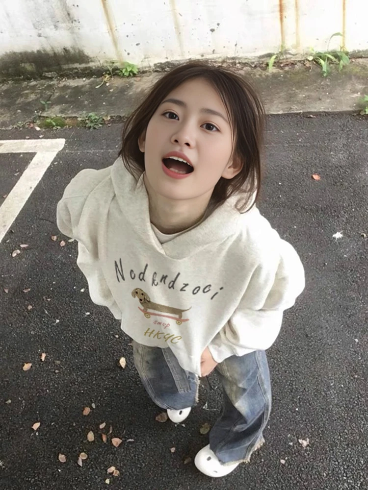 

2024 autumn and winter new retro cartoon dog printing pure cotton loose sweater women's autumn and winter hoodie