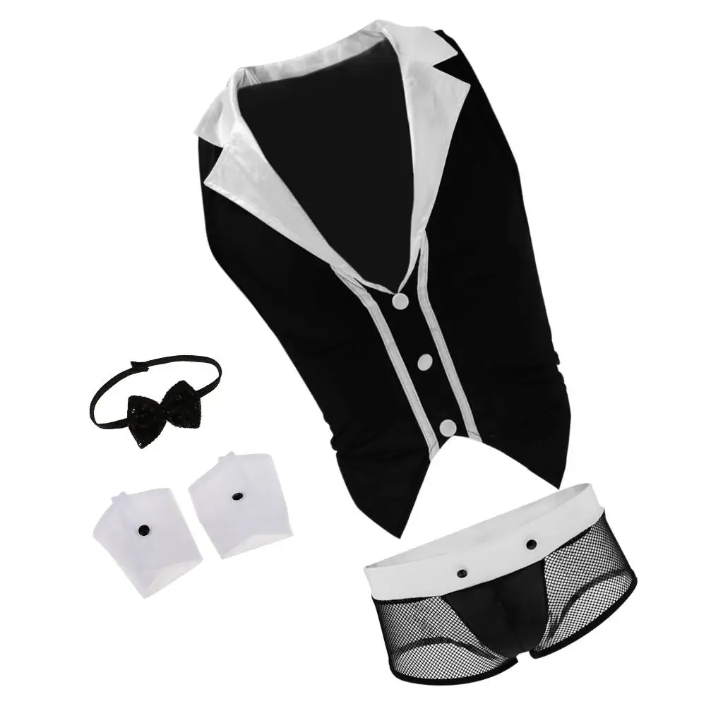 Fantasia de Garçom Masculina com Tanga de Rede, Conjunto de Performance para Traje de Dança Masculino, Vestuário de Palco