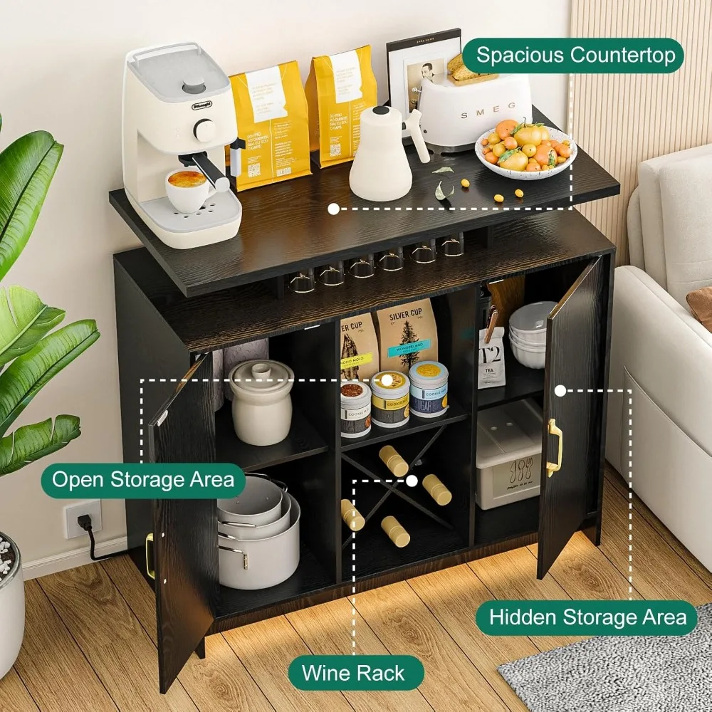 LED-Illuminated Coffee Bar Cabinet with Power Outlet, Storage, and Removable Shelves for Wine Enthusiasts