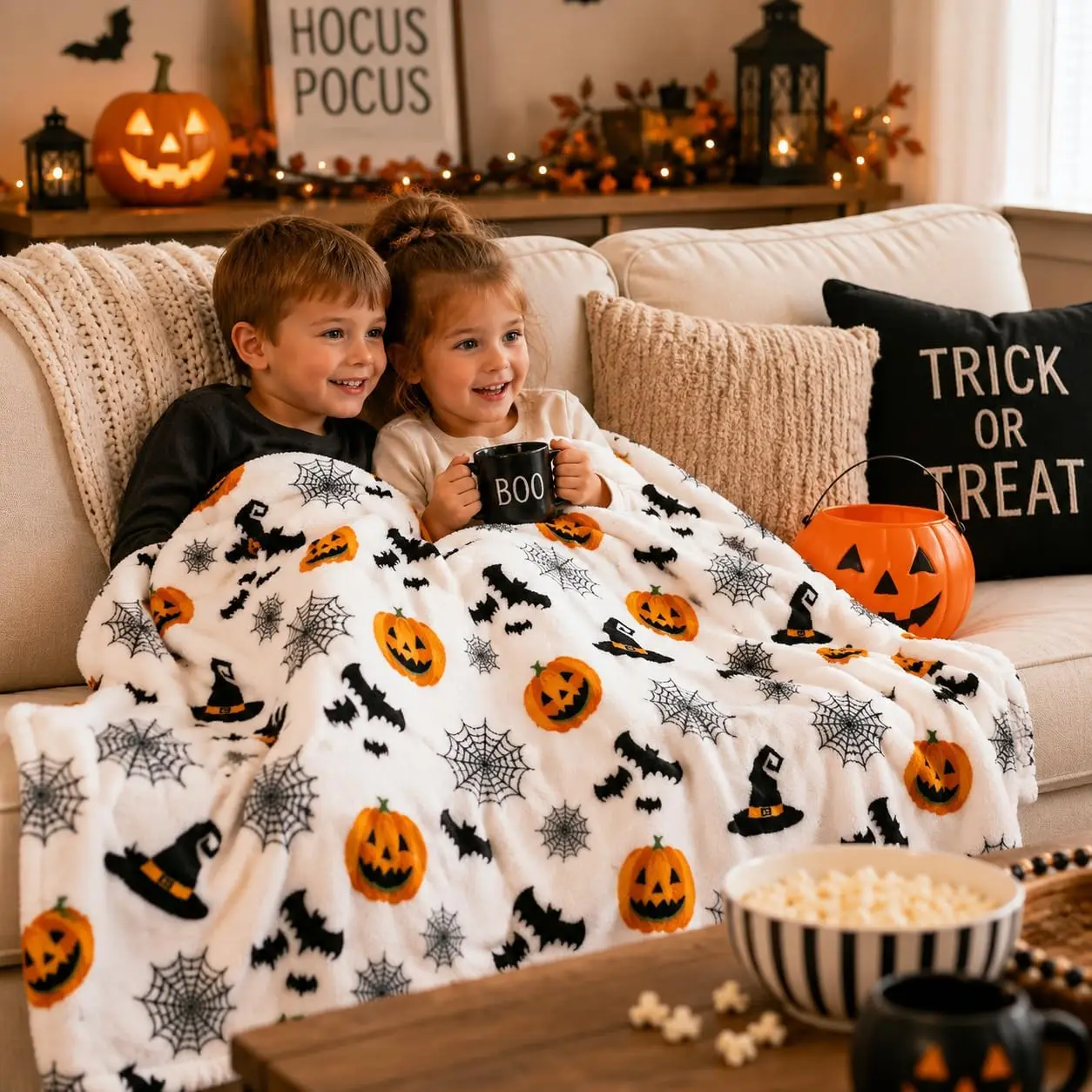 Halloween Fleece Throw Blanket, Witch Hat, Bats, Webs & Pumpkins, 50x60 in |   Ultra-soft cozy flannel fleece, for sofa couch bed chair & dorms, spooky Halloween décor, durable and machine washable.