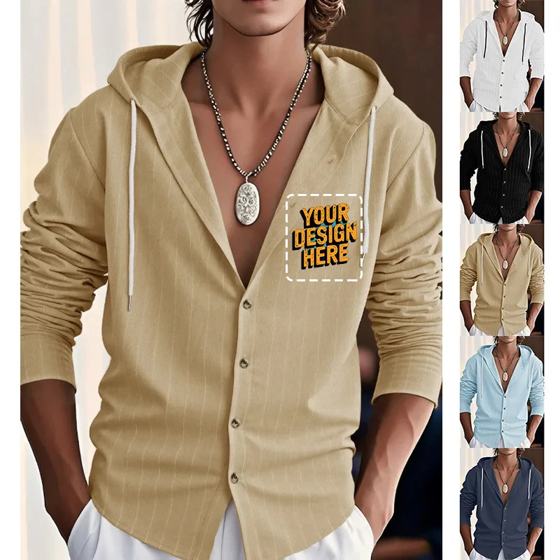 Custom Logo Autumn Men's Vertical Stripe Casual Long-sleeved Shirt Hooded Drawstring Linen Cardigan Trendy Loose Beach T-shirt