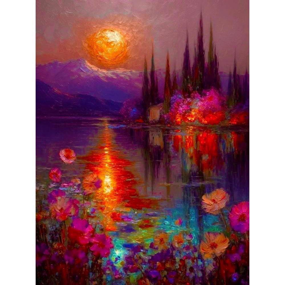 500/1000/1200/2000 PCS Jigsaw Puzzles Sunset Floral Water Reflection Family Activity Relaxing Game for Living Room Home Decor