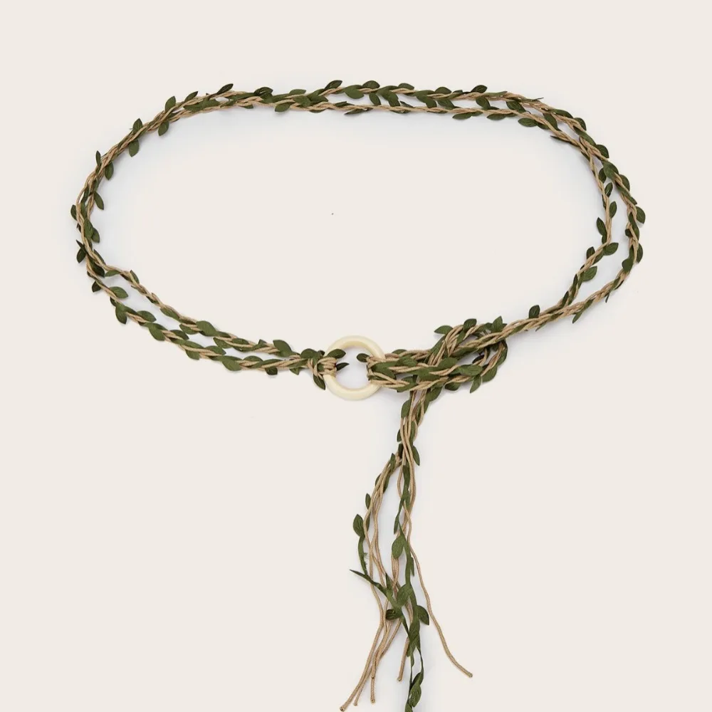 Wooden Ring Buckle Rattan Leaf Belt Faux Leaf Boho Style Braided Waist Belt Cottagecore Handmade Woven Waistband For Women