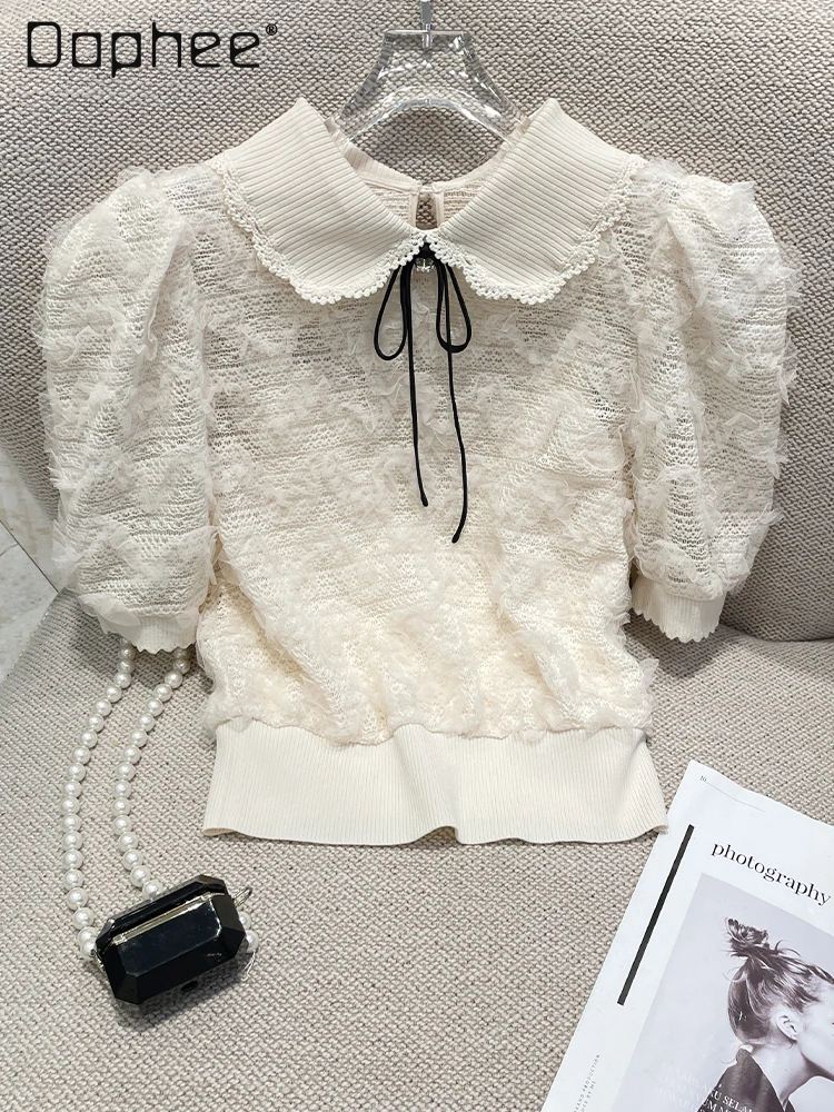 

Light Luxury High-end Short-sleeved Shirt Summer New Chic Temperament Socialite Bubble-sleeved Top Sweet Doll Collar Lace Shirts
