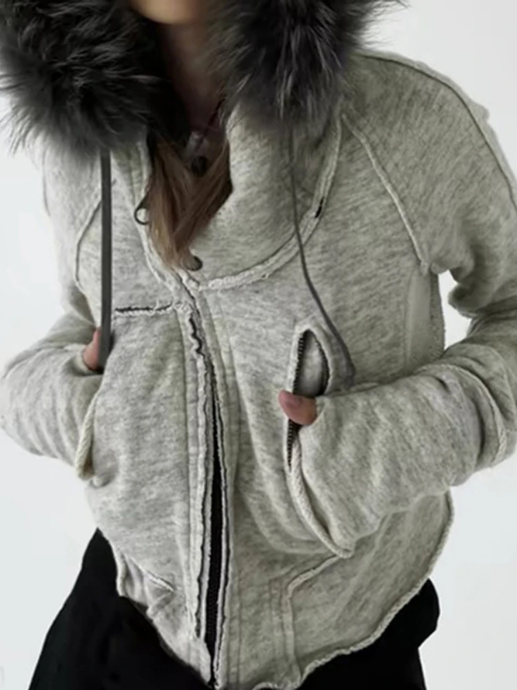 Fur Patchwork Vintage Hooded Grunge  Hoodies Women Casual Double Zippers Pocket Coats Y2k Aesthetic Gray Cropped Sweatshirts