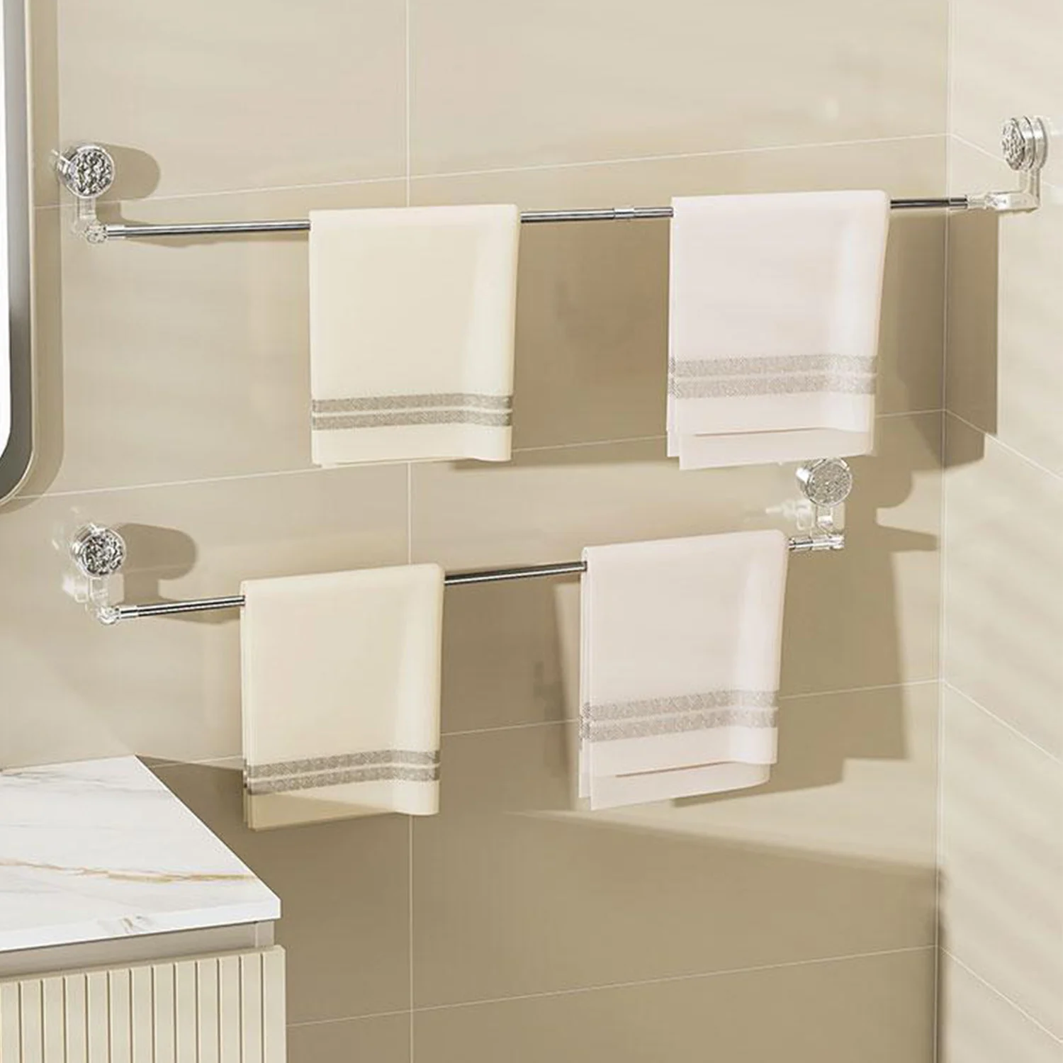 Sucker Hanging Wall Towel Rack No-drill Easy Installation Telescopic Hanging Rod 180° Free Rotation Flat/Turning Feet Shelf