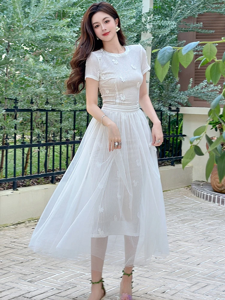 フランス風エレガントロングドレス レディース スウィートフェアリーコア フックフラワー ホローボディコンローブ スイング シアーメッシュスカート レディース ホリデーワンピース