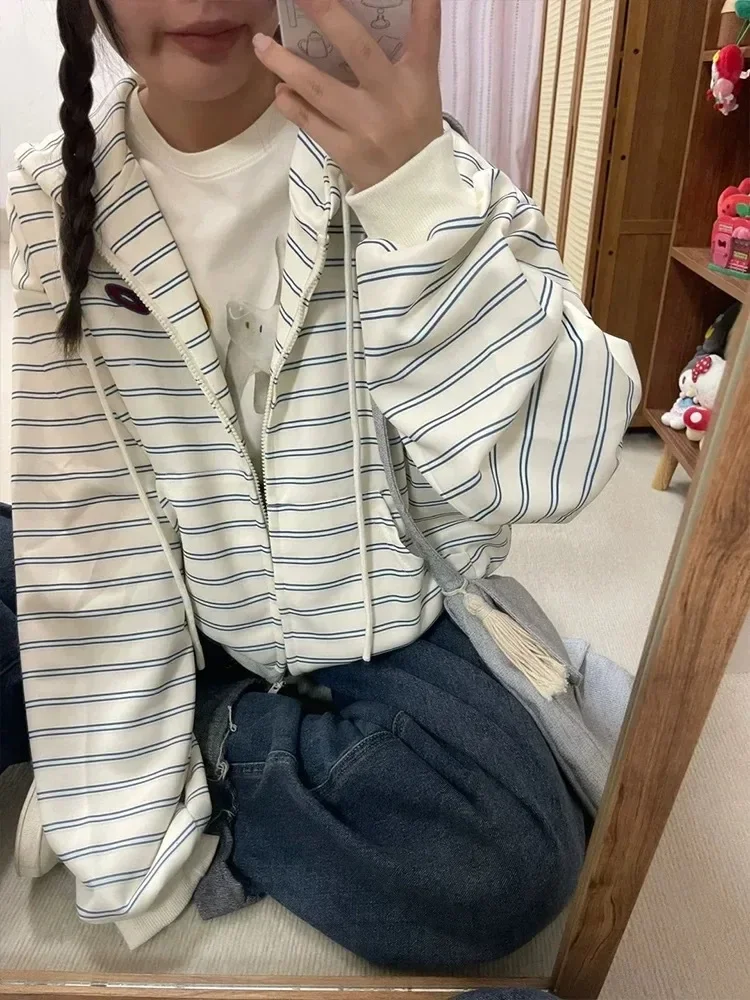 Korean Style Stripe Hooded Cardigan Hoodie Women Autumn New Small Lazy Loose Oversize Zip Hoodie Outerwear Sweatshirt