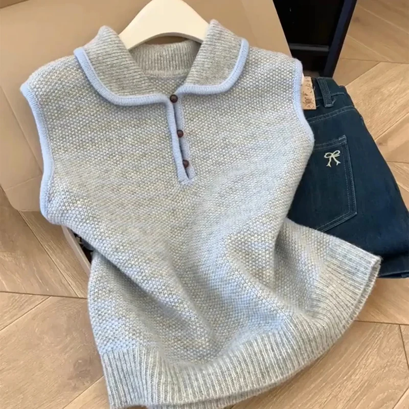 

Простой полосатый вязаный свитер, жилет, женский универсальный повседневный винтажный пуловер без рукавов, осенний офисный женский новый трикотаж, джемперы