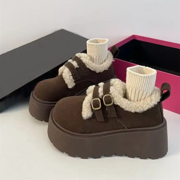 أحذية شتوية نسائية سميكة القاع مبطنة بالصوف مغطاة بالكامل بتصميم عتيق أحذية قطنية مريحة ونعل مطاطي وكعب مسطح #4
