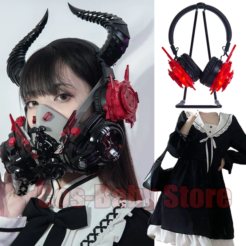 Lolita Punk HD Masks Technology Bluetooth Headset Anime Cosplay Costume Wigs Black Dress JK Uniform