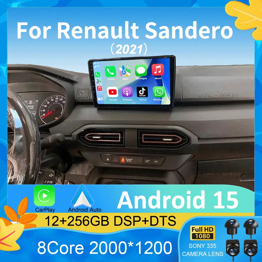 

For Renault Sandero 2021 Car Radio Stereo Multimedia Video Player Navigation GPS CarPlay SWC 9" IPS DSP WIFI BT Android 15 Auto